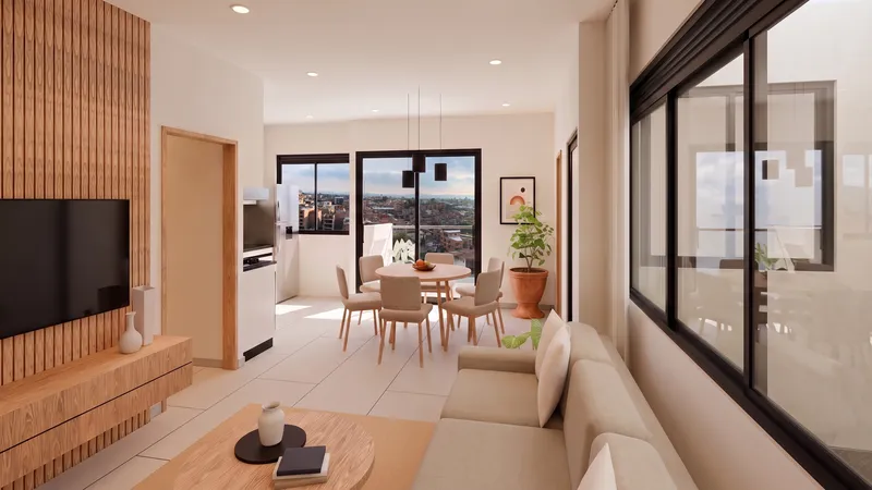 Salón y comedor del apartamento 601, con vista al pueblo