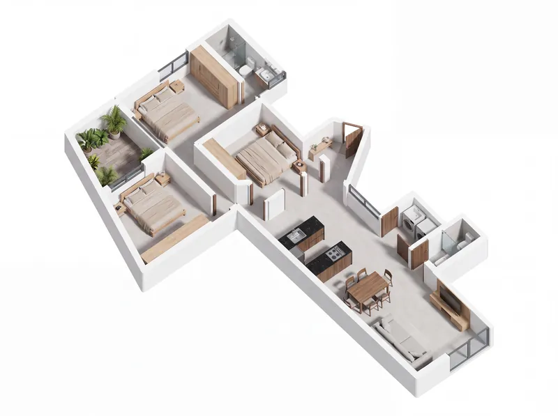 Isométrico del apartamento 101, de tres alcobas, 88,5 m² y patio privado de 7,2 m²