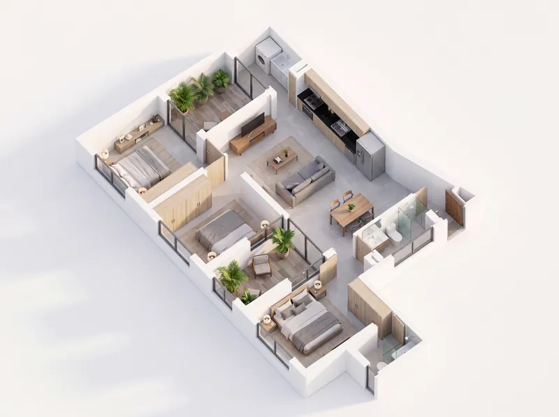 Isométrico del apartamento 102, de tres alcobas, 75 m² y dos patios privados que suman 12,8 m²