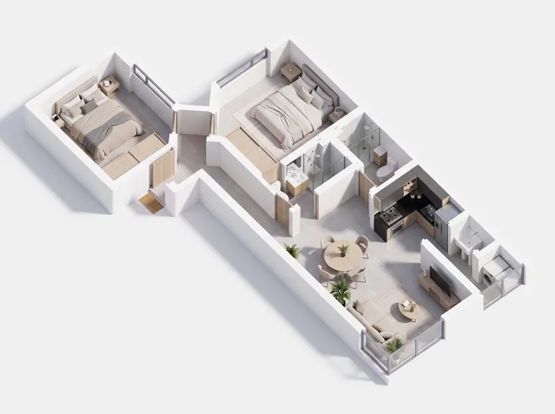 Isométrico del apartamento tipo 201, de dos alcobas y 65,4 m²