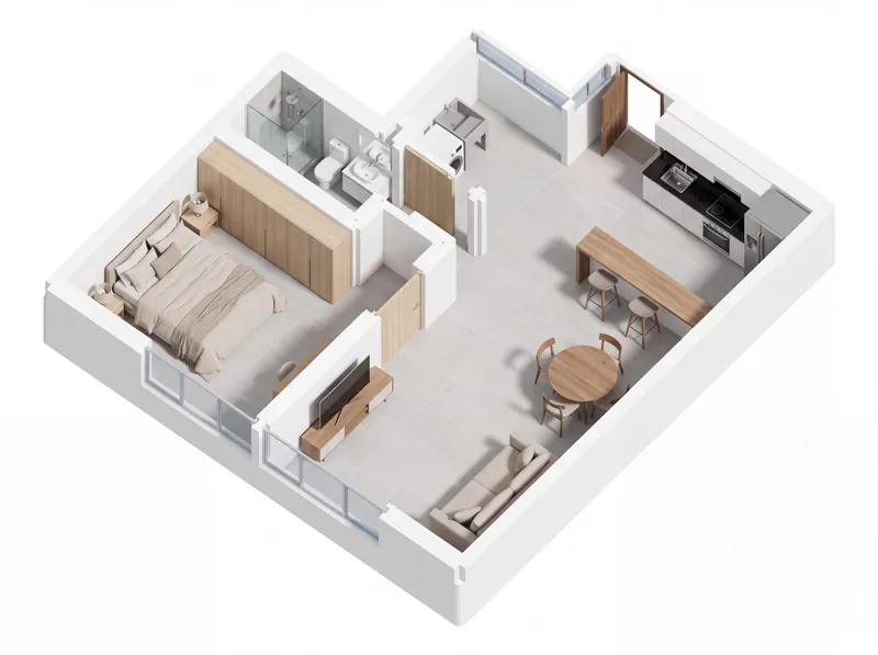 Isométrico del apartamento tipo 202, de una alcoba y 41,6 m²