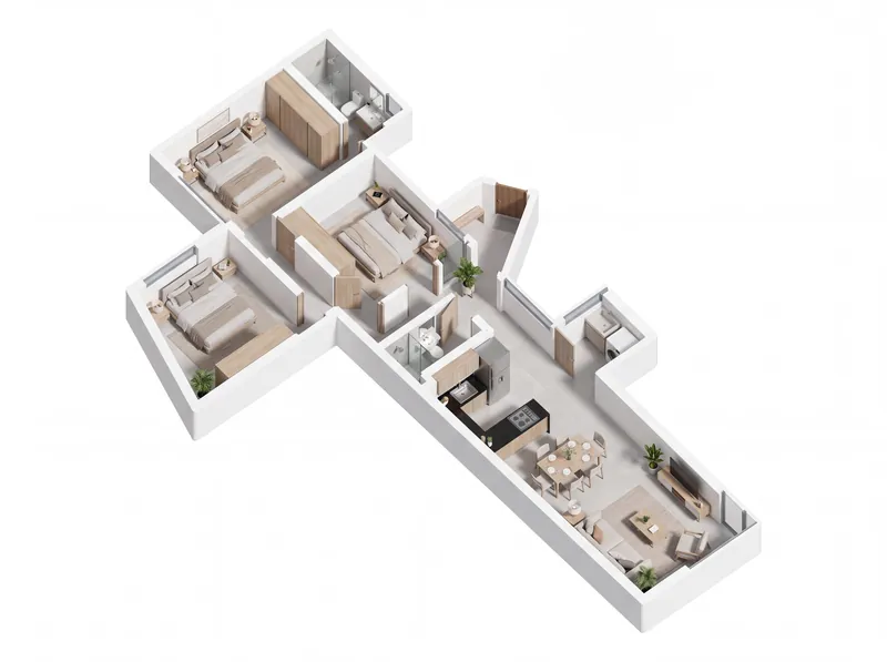 Isométrico del apartamento tipo 203, de tres alcobas y 86,4 m²
