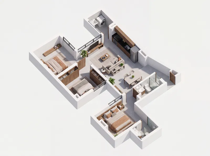 Isométrico de los apartamentos tipo 204 y 603, de tres alcobas y 75 m²