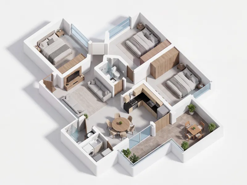 Isométrico del apartamento 601, de tres alcobas, 77 m² y terraza de 14,9 m²