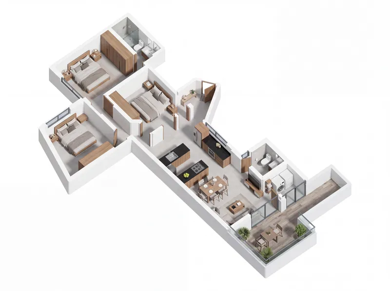 Isométrico del apartamento 602, de tres alcobas, 82 m² y terraza de 15,9 m²