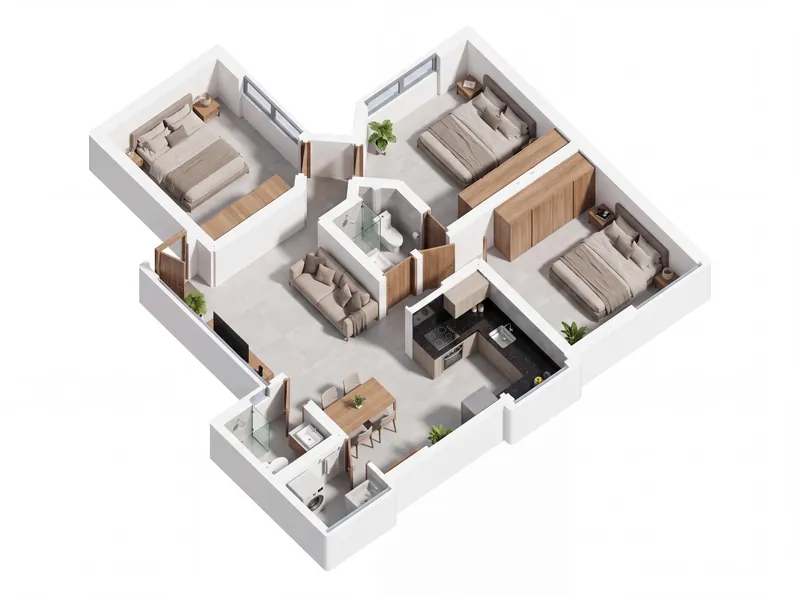 Isométrico de los apartamentos 701 y 801, de tres alcobas y 77 m²