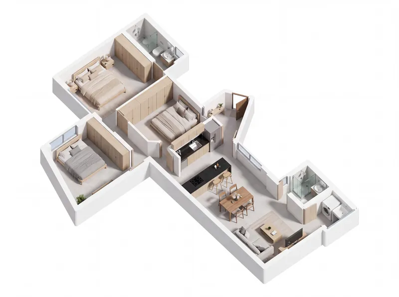 Isométrico de los apartamentos 702 y 802, de tres alcobas y 82 m²