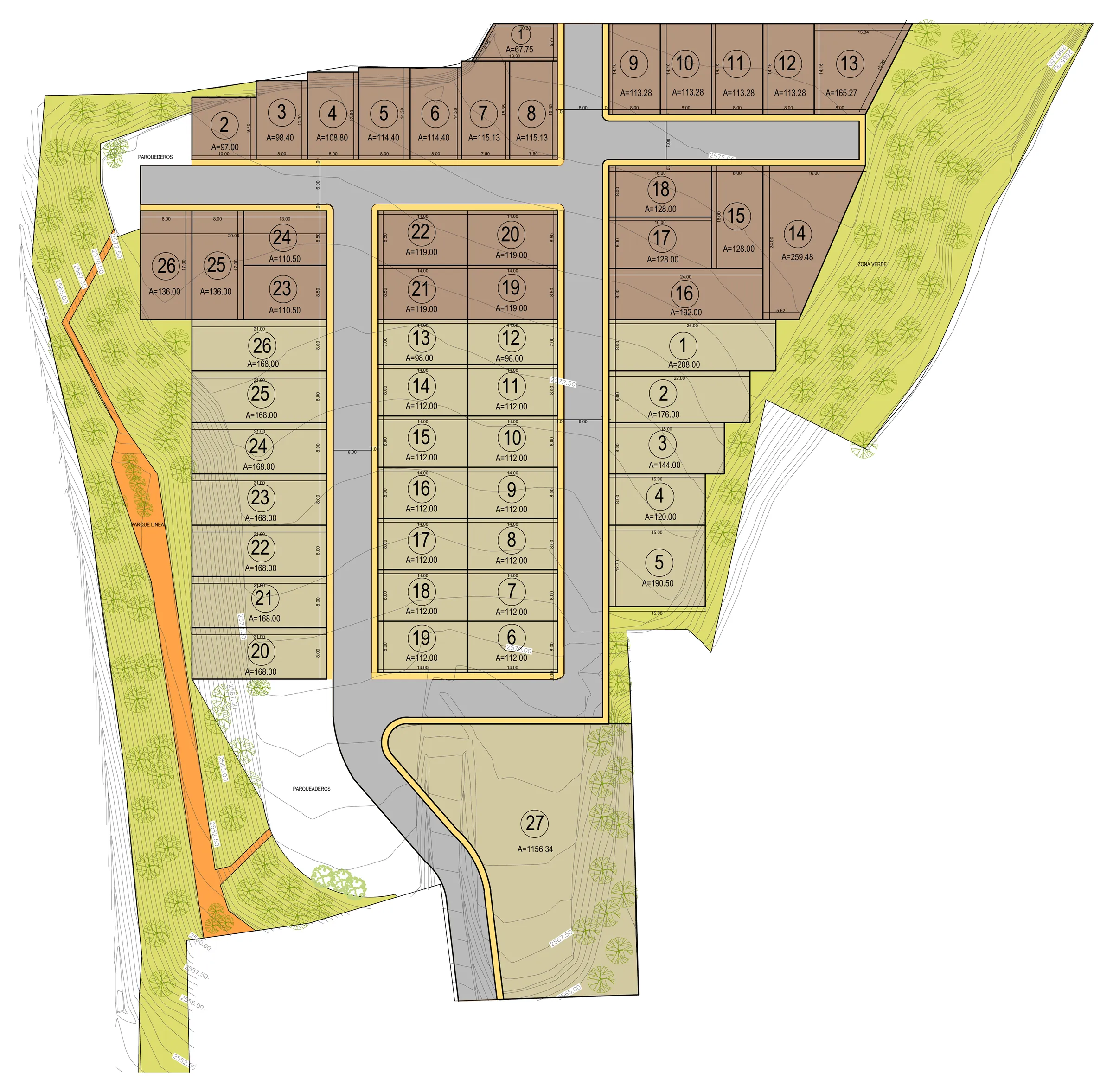 Plano de loteo de San Julián Urbano, etapas 3 y 4: los lotes numerados a lado y lado de las vías, con sus áreas en metros cuadrados